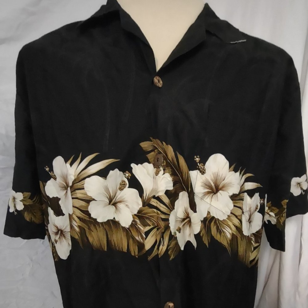 Favant Aloha Hibiscus Palm Trees Black Short Sleeve Hawaiian Shirt, Size XL